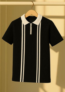 Texfield Striped Men Polo Neck Black T-Shirt