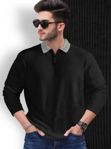TRIPR Self Design Men Polo Neck Black T-Shirt