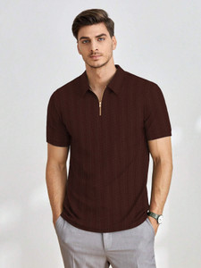 COMBRAIDED Self Design Men Zip Neck Maroon T-Shirt