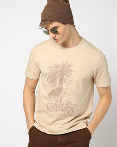 GAP Printed Men Round Neck Beige T-Shirt