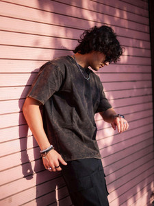BEEFITS Washed/Ombre Men Crew Neck Black T-Shirt