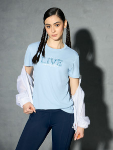 TECHNOSPORT Printed Women Crew Neck Blue T-Shirt