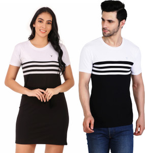 FINETTOUCH Striped Couple Round Neck Multicolor T-Shirt