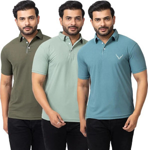 बफारो पुरुषों के लिए पोलो नेक सेल्फ डिज़ाइन गहरा हरा, हल्का हरा, हरा टी-शर्ट