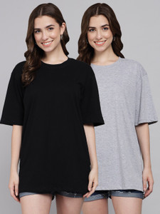 FUNDAY FASHION Solid Women Round Neck Black, Grey T-Shirt