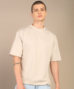 Alan Jones Solid Men Crew Neck Beige T-Shirt