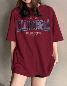 JUNEBERRY Printed, Typography Women Round Neck Maroon T-Shirt