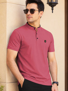 VeBNoR Self Design Men Mandarin Collar Pink T-Shirt