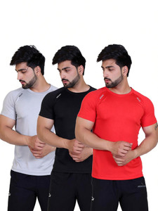 indian krait Solid Men Round Neck Red, Black, Grey T-Shirt