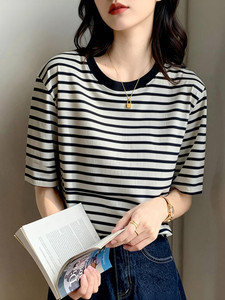 Helpom Striped Women Round Neck Black T-Shirt