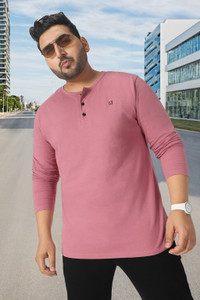 Urbano Plus Solid Men Henley Neck Pink T-Shirt