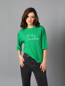KOTTY Printed Women Round Neck Green T-Shirt