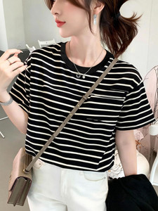 Helpom Striped Women Round Neck Black T-Shirt