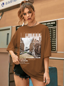 CHKOKKO Printed, Typography Women Round Neck Gold T-Shirt