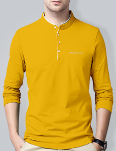Oosh Solid Men Mandarin Collar Yellow T-Shirt