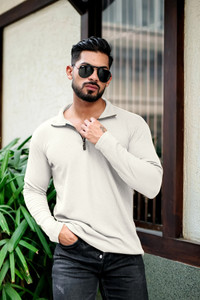 INDICLUB Solid Men Polo Neck Silver T-Shirt