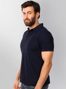 BEYOUNG Solid Men Polo Neck Navy Blue T-Shirt