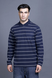 SANE ORIGINALS Striped Men Polo Neck Dark Blue T-Shirt