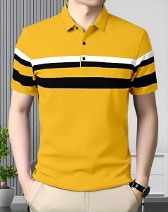 AUSK Striped Men Polo Neck Yellow, Black, White T-Shirt