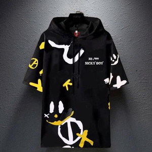 NB NICKY BOY Typography Men Hooded Neck Black T-Shirt