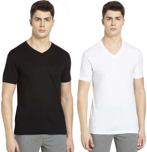 JOCKEY Solid Men V Neck Black, White T-Shirt