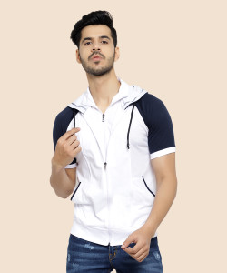 Black Collection Colorblock Men Hooded Neck Dark Blue, White T-Shirt