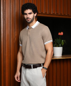 CAMPUS SUTRA Striped Men Polo Neck Beige T-Shirt