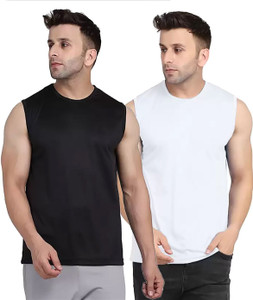 Think Tech Solid Men Round Neck Black, White T-Shirt
