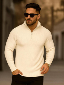 COPEHI Self Design Men Zip Neck White T-Shirt