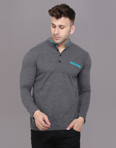 GEUM Solid Men Mandarin Collar Grey T-Shirt