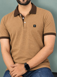 VIRADIYAENTERPRISE Self Design Men Polo Neck Beige T-Shirt