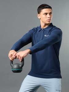 TECHNOSPORT Solid Men Zip Neck Navy Blue T-Shirt