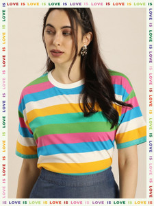 Affordable AF Striped Women Round Neck Multicolor T-Shirt