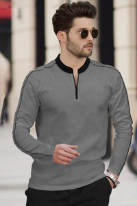 GARBLY Solid Men Mandarin Collar Grey T-Shirt