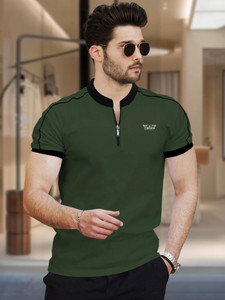 TRIPR Typography Men Zip Neck Dark Green, Black T-Shirt