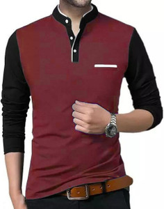 PSDESIGN Colorblock Men Mandarin Collar Multicolor T-Shirt