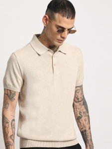 THE BEAR HOUSE Solid Men Polo Neck Beige T-Shirt