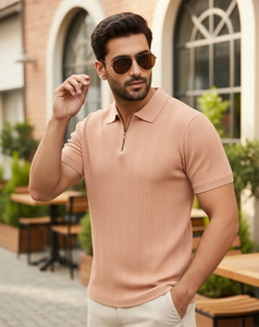 RUPRA Self Design Men Polo Neck Beige T-Shirt