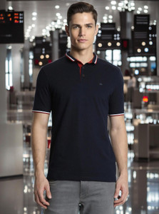 PETER ENGLAND Solid Men Polo Neck Navy Blue T-Shirt
