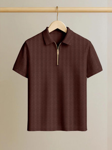 BROWEARS Self Design Men Zip Neck Brown T-Shirt