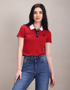 u.s. पोलो assn. महिलाओं के लिए पोलो नेक सॉलिड लाल टी-शर्ट