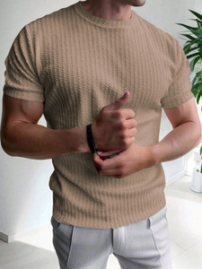 KAJARU Self Design Men Round Neck Brown T-Shirt