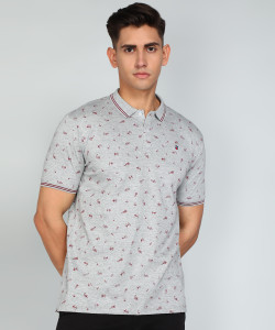Louis Philippe Jeans Printed Men Polo Neck Grey T-Shirt
