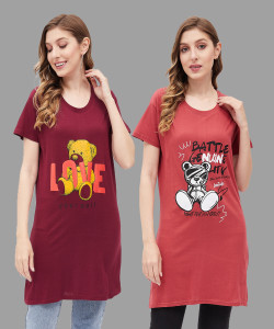 Christy World Printed Women Round Neck Maroon, Red T-Shirt