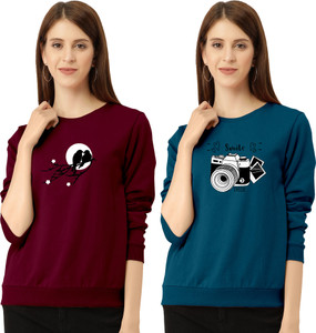ZentWorld Printed Women Round Neck Maroon, Dark Blue T-Shirt