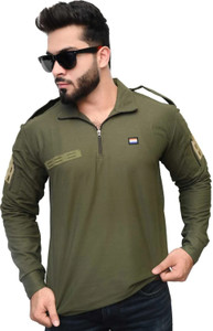 AZYXREN Self Design Men Zip Neck Dark Green T-Shirt