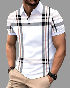AUSK Checkered Men Polo Neck White, Black T-Shirt