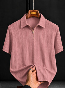 mozero Self Design Men Zip Neck Pink T-Shirt