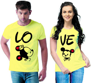 JH MART Typography Couple Round Neck Yellow T-Shirt