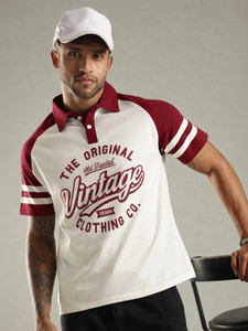 SHINX Colorblock Men Polo Neck White, Maroon T-Shirt